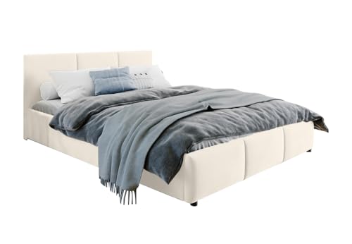 Home Collective Bett 140x200 cm Doppelbett Polsterbett Bettgestell mit Lattenrost aus Metall, hydraulischer Bettkasten, Samtbezug in beige, viel Stauraum, modern & pflegeleicht