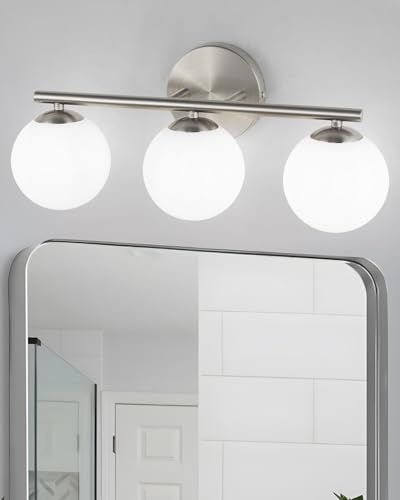 Image of foucasal Brushed Nickel Bathroom Light Fixtures Globe Vanity Light with Plastic Milk White Globe Shades 3-Light Wall Sconce Lighting above Mirror Vanity Lights for Bathroom Bedroom Hallway Living Room