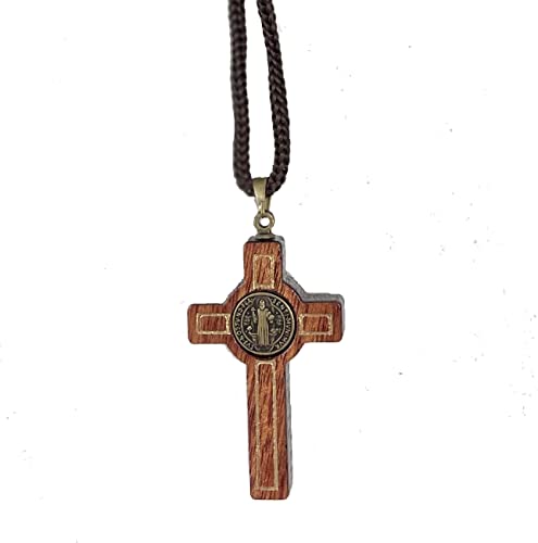 Catholica Shop Saint Benedict Medal Wood Crucifix Cord Necklace for Men & Women – Handcrafted Religious Pendant, Healing, Travel Protection, Perfect for Gifting on Special Occasions, Made in Brazil2