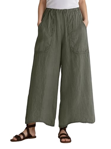 TIAFORD Summer Wide Leg Cotton Linen Pants for Women Solid Elastic High Waist Trousers Plus Size Lounge Pants with Pockets