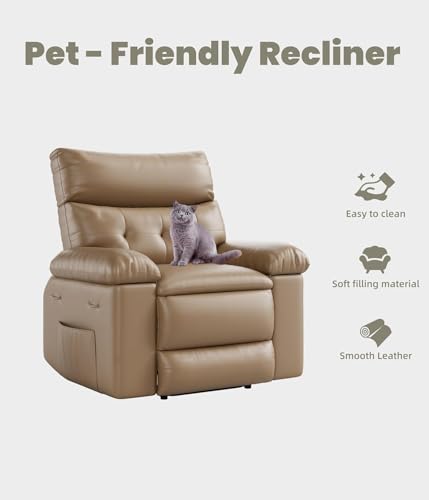 Image of Oversized Extra Wide Manual Recliner Chair, PU Leather Comfortable Reclining Chair with Overstuffed Arms & Back, Side Pocket, Single Sofa for Living Room Bedroom Home Office,Khaki