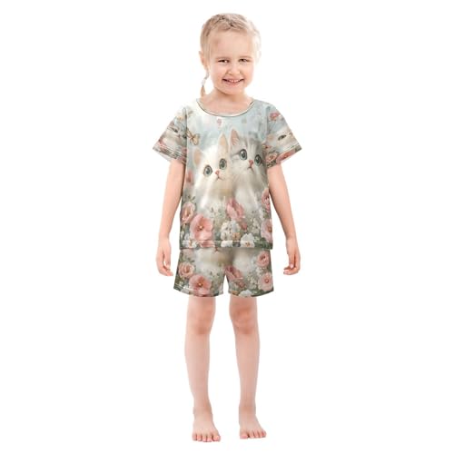 ALAZA Cute Animal Blossom Cat Flower Butterfly Pajamas Set Short Sleeve Cotton Sleepwear Summer Pjs 2 Piece 5-14Y3