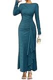 MITILLY Women Bodycon Maxi Dress Fall 2025 Long Sleeve Ruched Ruffle Cocktail Formal Wedding Guest Long Fitted Dresses Large Peacock Blue
