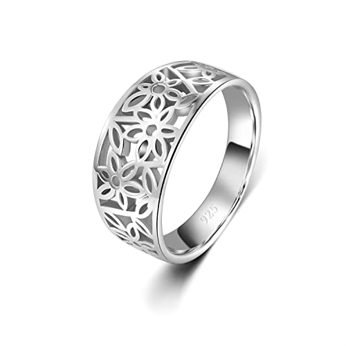 BORUO 925 Sterling Silver Ring, High Polish Tarnish Resistant Comfort Fit Victorian Leaf Filigree Vintage Style Ring