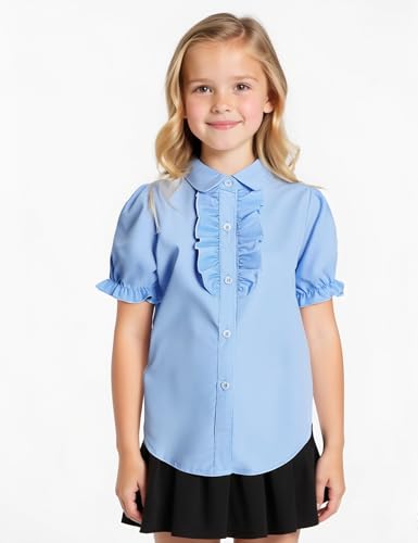 Image of Girls Short Sleeve Button Down Shirts Ruffle School Uniform Crop Tops Peter Pan Collar Plaid Blouse 4-13Y