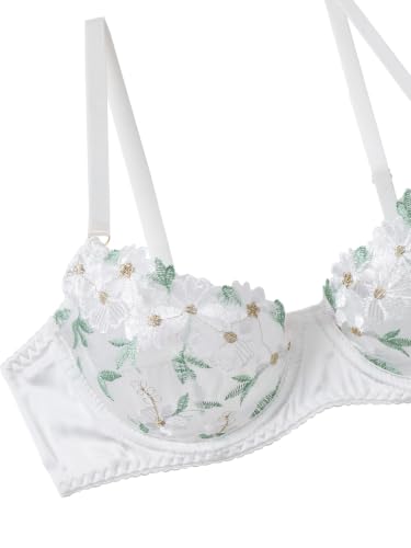 Image of Lilosy Sexy Leaf Floral Embroidered Mesh Sheer Women Underwire Push Up Lingerie Set