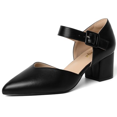 Image of RIBONGZ Comfortable Kitten Heels for Women Pointed Closed Toe Ankle Strap Buckle Heels Slip on Low Heel Church Pumps Wedding Bridal Party Dressy Shoes