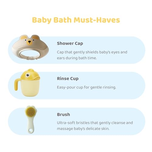 Image of Haus & Kinder Bubbles Baby Bathing Kit (Set of 3) | Rinse Cup, Adjustable Shower Cap & Silicone Shampoo Brush for Newborns & Infants (0-12 Months)