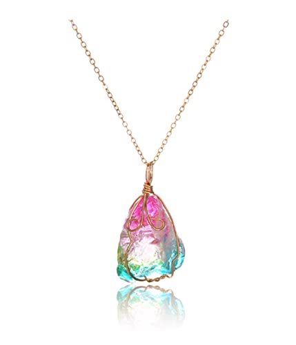 IUDWCG 1 Pcs arc-en-ciel pierre cristal roche quartz pendentif collier pierre de naissance plaqué or fil complet enroulé collier de pierres précieuses bijoux pour cadeau de fête des mères