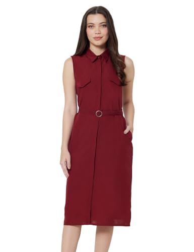 Image of Amazon Brand - Symbol Women's Sleeveless Shirt Dress | Belted Waist, Collared Neck, Knee Length (Available in Plus Sizes)