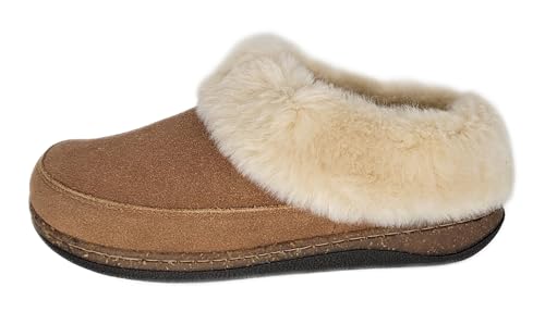 Clarks Womens Slipper Suede Leather Scuff Toe - Plush Faux Fur Collar/Lined With A Cork Midsole - Open Back Indoor Outdoor House Slippers For Women (Cognac US 10)2