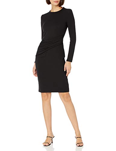 Daily Ritual Women's Fine Rib Long-Sleeve Crewneck Draped Dress, Black, Small