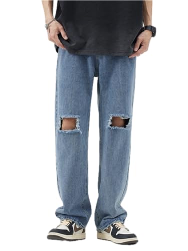 Jeans Pants Trousers Denim Spring and Summer High Street Straight Leg Loose Piercing Men's Wide Legs Youth Style