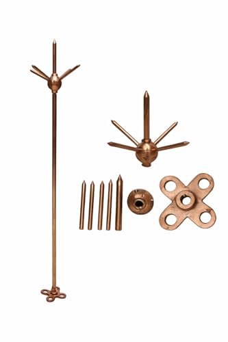 Image of Pure Copper Lightning Arrester with 5 Spikes, 9.2mm Diameter, 980mm Length, 85mm Base Plate for Building and Home Protection from Lightning