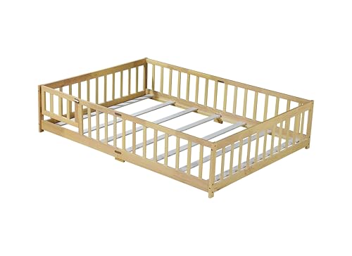 PVWIIK Full Size Floor Bed with Convertible Door & Wood Slats Support for Girls & Boys,Wood Montessori Bed Frame w/Guardrails & Close to The Floor for Kids,Natural