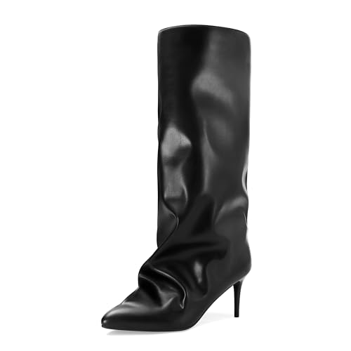 Women's Knee High Boots Shark Boot Wide Calf Stiletto Heels Slouchy Pointed Toe Pull on