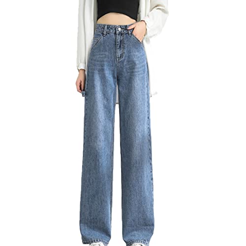 Pantalon en denim ample taille haute vintage à coupe droite et poches
