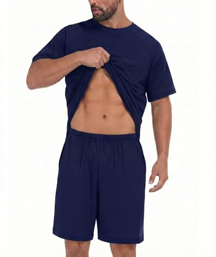 Image of Mens Pajamas Set Lightweight Summer Pjs Sleepwear Soft Comfy Short Sleeve Loungewear With Pocket (S-4X)