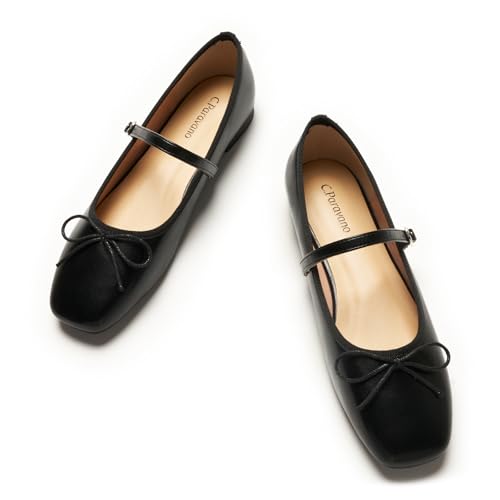 C. Paravano Women's Mary Jane Flats - Lightweight & Comfortable Square Toe Bowknot Ballet Flats with Adjustable Strap, Perfect for Office, Casual, and Dressy Events(Size7.5，Black)