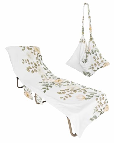 Romantic Flower Beach Chair Towel Covers for Chaise Lounge with Side Pocket, Soft Plush Pool Towels Cover for Patio Sunbathing Outdoor 29''x85'' Green Eucalyptus Leaves Chic Art