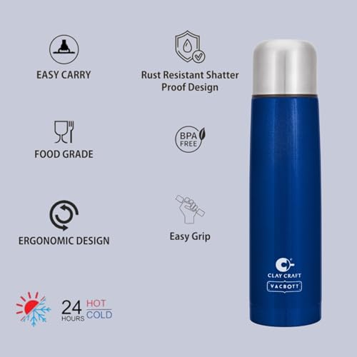Image of Clay Craft VACBOTT Terra Double Walled 18 Hours Hot and 24 Hours Cold Water Bottle-1000ML, 2-Piece(Blue) Leak Proof|Easy to Carry|Gym Bottle|Home|Kitchen|Hiking|Travel Bottle|BIS Certified