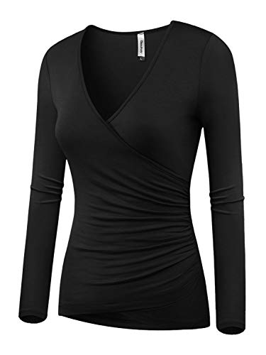 Beauhuty Women's Deep V Neck Slim Fitted Long Sleeve T-Shirt Front Wrap Ruched Tee Tops2