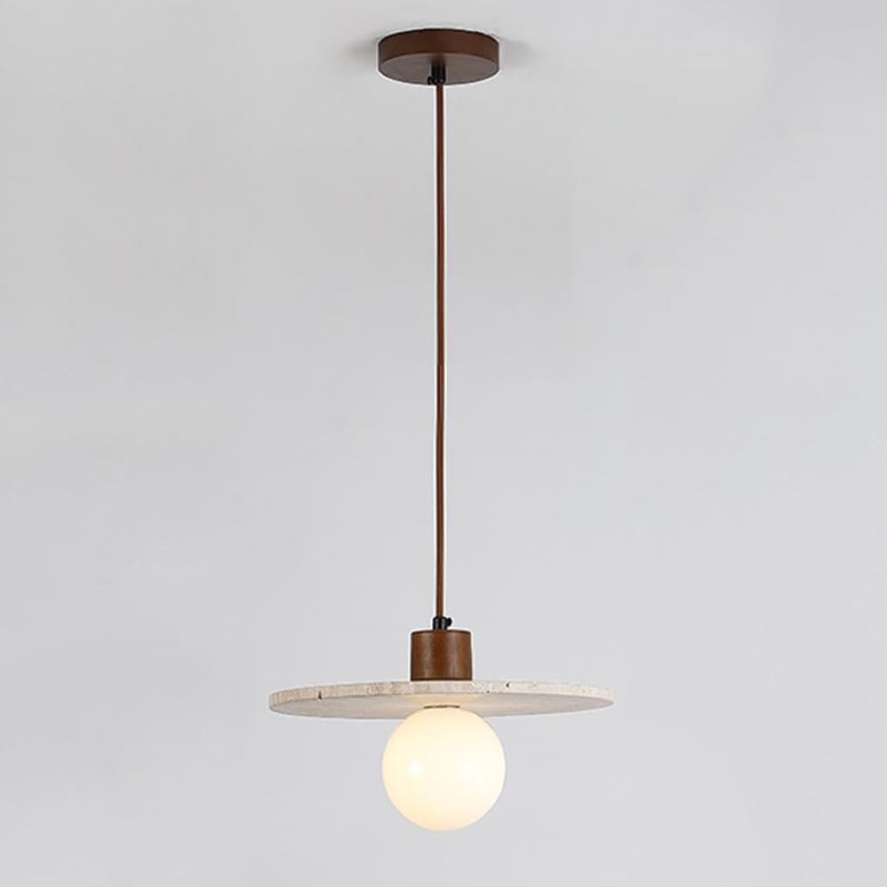 LYMSXAZOU Modern Minimalist Pendant Light Japanese Travertine Hanging Lamp with Wood Accent Contemporary Adjustable Cord Chandelier for Kitchen Island Dining Room Bedside