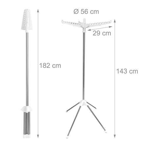 Relaxdays Bügelwäscheständer, für 27 Bügel, klappbar, 15 kg belastbar, Wäschestandtrockner, HxD:143x56 cm, weiß/Silber