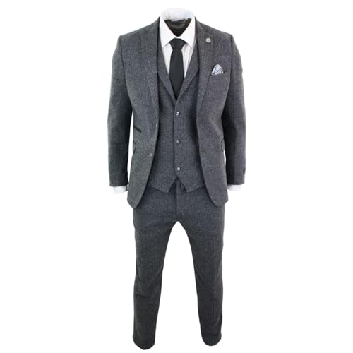 TruClothing.com Herrenanzug 3 Teilig Kariert Grau Schwarz Fischgräte Tweed Design Vintage Retro Blinders