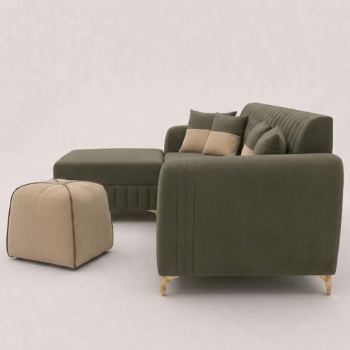 Image of CASASTYLE Signature Velour 4-Seater L-Shape Sofa Set with Movable Ottoman & Suri Pouf | Flexible LHS /RHS Layout | Boston Fabric | 40D Foam + Zigzag Spring | 3-Yr Warranty (Olive Green,Sand Beige)
