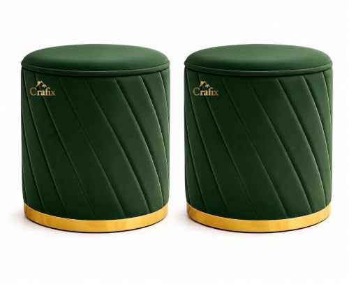Image of Luxury Velvet Ottoman Stool for Living Room & Bedroom | Premium Round Pouffe with Gold Metal Base | Modern Footrest, Extra Seating & Home Decor (Green Set of 2)