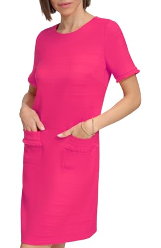 Image of Tommy Hilfiger Women's Pleated Trim Short Sleeve High Neck Shift Mini Dress