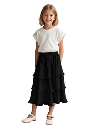 Image of Girls High Waisted Ruffle Maxi Skirt Soft Cotton Long Skirts with Elastic Waistband for Kid Girl 3-12 Years