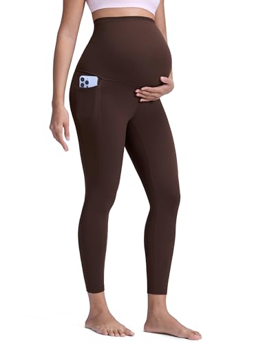CRZ YOGA Butterluxe Maternity Leggings Pockets 25" - Soft Workout Active Yoga Pregnancy Womens Pants Over The Belly Hot Fudge Brown Small