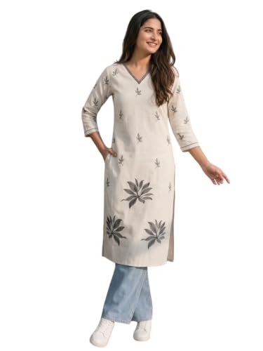 NESH Couture Elegant White Cotton Kurti for Women | Floral Embroi...