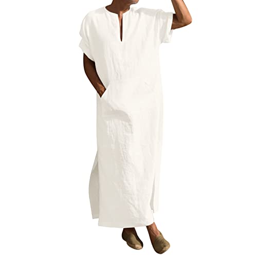 Muslim Cotton Kaftan for Men Short Sleeve Thobe Soft Solid V Neck Long Gown with Pocket Caftan Sleep Shirt3
