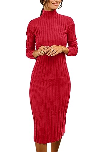 Image of MEROKEETY Women's Long Sleeve Sweater Dress 2025 High Neck Slim Fit Ribbed Knit Midi Winter Dresses, Red, XL