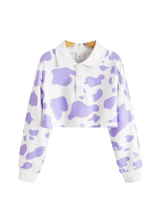 aaryainnl Women’s Crop Polo T‑Shirt | Purple Cow Print Casual Cotton Blend Tee with Collar & Buttons – Summer Top for Girls & Women-picture-25