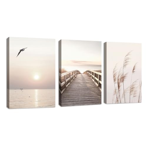 3Pcs Cuadros decorativos modernos vista del mar al atardecer cuadros abstracto estético paisaje natural lienzo cuadros decorativos Salón Dormitorio Decoración de Pared Listo para colgar 50x70cmx3