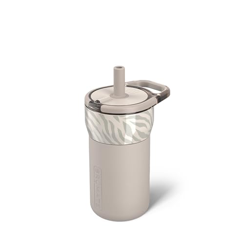 Image of BruMate Leap 12oz 100% Leakproof Kids Tumbler with Handle and Silicone Soft Straw | Drop Resistant Silicone Sleeve | For Kids 4+ | Insulated Stainless Steel | Cup Holder Friendly | 12oz (Zebra)