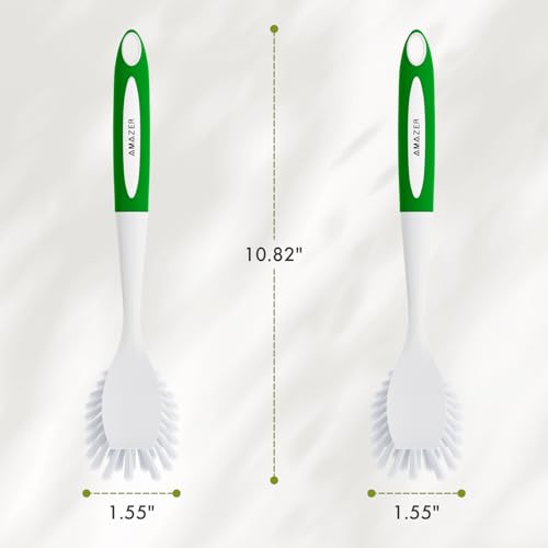 Image of Amazer Dish Brush with Handle, 2 Pack Kitchen Scrub Brushes with Built-in Scraper for Cleaning, Dish Scrubber with Stiff Bristles for Sink, Pots, Pans (Green+Green)
