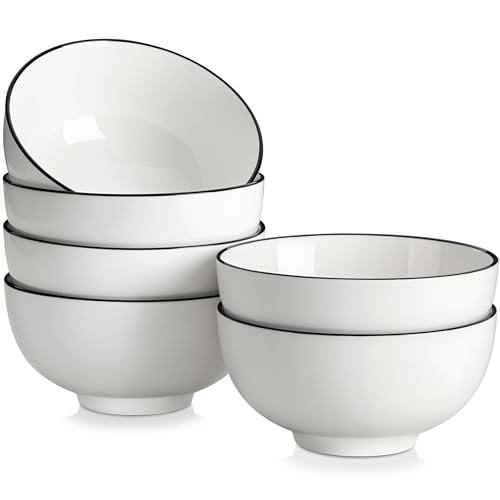 Image of MALACASA 26 Oz Ceramic Cereal Bowls Set of 6 - White Bowl wtih Black Rim | Perfect for soup, cereal, ramen, rice, oatmeal & salad; Scratch-resistant; stackable, microwave, oven & dishwasher safe