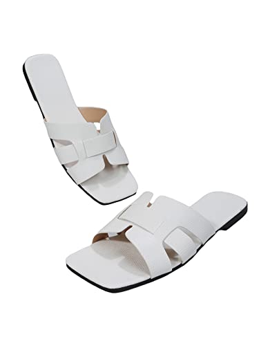 Gorglitter Women's Flat H-Band Slide Sandal Cut Out Comfort Slip On Shoes Creamy White Cn39 #TOP3