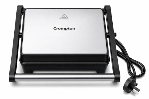 Image of Crompton ACGT-MAXCRISP2S 1000W Grill Sandwich Maker | 2 Slice Capacity | Non-Stick Grill Plates | LED Indicator | Removable Drip Tray | Non-Skid Feet | Silver (2 Slice)