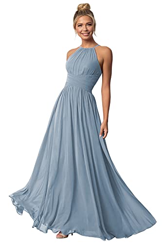 GOEBAODEEN Bridesmaid Dresses Long Dusty Blue Halter Spaghetti Straps Pleated Chiffon Formal Evening Dress Size 10
