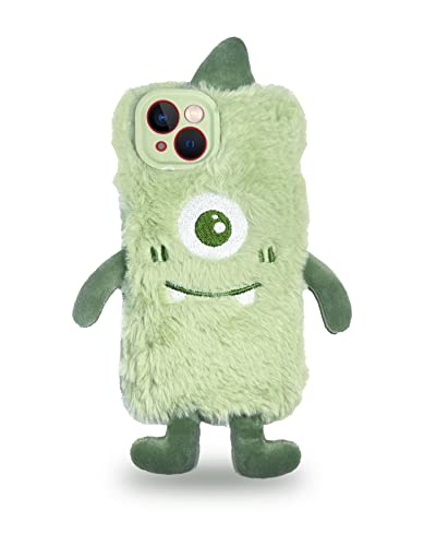 NOT FANS Plüsch Cartoon Handyhülle für iPhone 13 6.1 Zoll, Niedliche Pelzige Flauschige Süße Handyhülle mit Süßem Grünem Einäugigem Monster-Design für Mädchen und Damen, Stoßfeste Schutzhülle