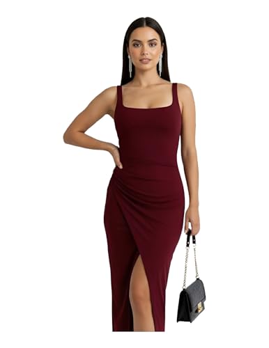 Image of Women's Sleeveless Midi Dress, Square Neck, Ruched Side, Bodycon Style with Slit