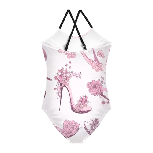 Girls One Piece Swimsuits High Heels and Flowers Pattern Sport Halter Swimwear Beach Bathing Suit,7-8T2