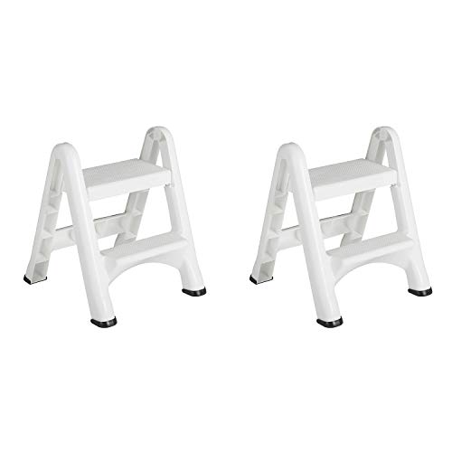 Rubbermaid FG420903WHT EZ Two Step Durable Folding Plastic Ladder Step Stool with Skid Resistant Foot Pads, White (2 Pack)