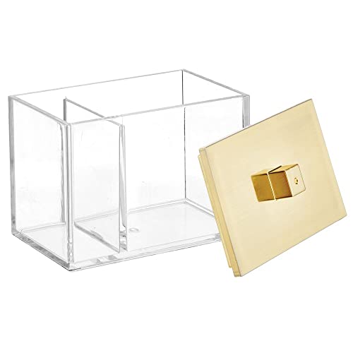Mdesign Modern Square Bathroom Vanity Countertop Storage Organizer Canister Jar For Cotton Swabs, Rounds, Balls, Makeup Sponges, Bath Salts - 2 Divided Sections - Clear/Soft Brass #TOP6